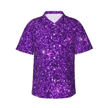 Imagem de Xiso Ver Camiseta masculina havaiana para festa de unicórnio arco-íris casual manga curta casual praia festa verão praia, Glitter roxo, M