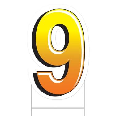Imagem de Beistle Placa de plástico número 9 jardas com estacas de metal - festa de feliz aniversário decoração de gramado ao ar livre, 45,7 cm x 29,8 cm, amarelo/laranja/branco/preto