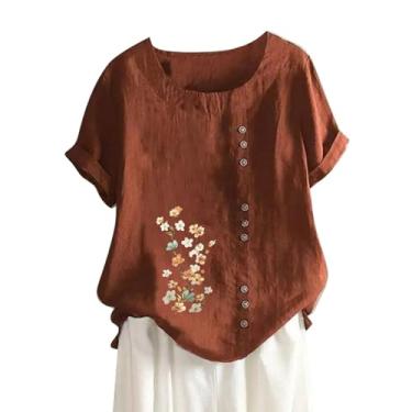 Imagem de Camisetas femininas de linho de algodão 2024 gola redonda manga curta estampa floral blusas modernas casuais soltas, Marrom, XG