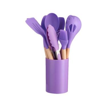 Imagem de Kit de Utensílios de Cozinha de Silicone, 12 Peças, Cabos de Madeira Antiderrapentes, Cozinha Completa (Roxo)