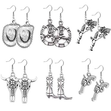 Imagem de 6 pares de brincos femininos de cowboy ocidental, vintage, cabeça de gado, botas de ferradura, chapéu, brincos ocidentais, rodeio, country, brincos, Zinco, desconhecido