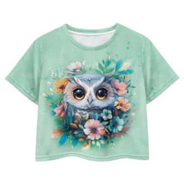 Imagem de Watdotory Camiseta de 4 de julho para meninas de 7 a 8 anos com a bandeira dos EUA Crop Tops Kids Outfit Independent Day Graphic Tee-, Coruja floral verde, P