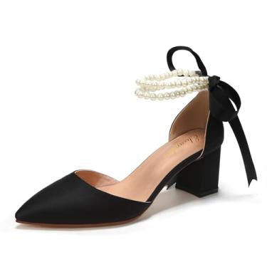 Imagem de Elivandon J1585 Sandália Feminina de Cetim Bico Fino Salto Médio 6cm Bloco Dupla Tira Pérola Noiva Festa Casamento Cor Preto,Tamanho BR 39/EU 41