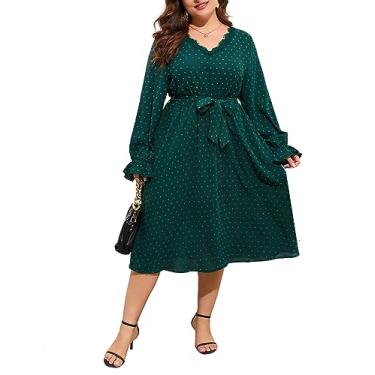 Imagem de ShopWonder Vestido feminino plus size com decote em V, manga comprida, ponto suíço, boho, cintura império, babados, rodado, evasê, midi, Verde escuro, GG