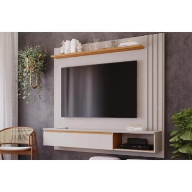 Imagem de Painel Home p/TV até 60 Polegadas Panama Plus Ripado c/ Prateleira 162x157cm Off White/Nature - Permóbili