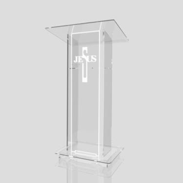Imagem de Púlpito em Acrílico para Igreja e/ou Eventos com Gravação e Led grátis Mod. Lucas, Transparente (Tradicional, Moderna ou Sem Gravação) Cores em Led (Grav. "Jesus" Moderno, LED BRANCO)