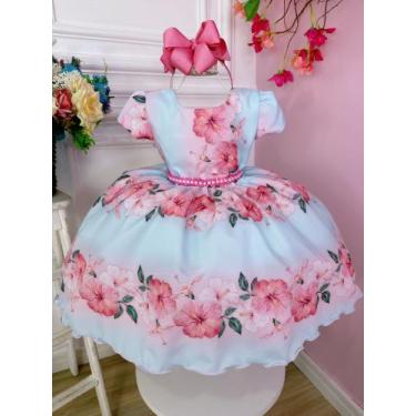 Imagem de Vestido Infantil Azul Bebê Florido Primavera Cinto Pérolas Luxo Festa 