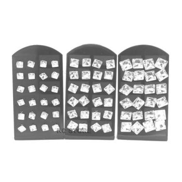 Imagem de Cartela Kit 12 Pares Brinco Quadrado Aço Inox Trio Ponto De Luz Tamanh