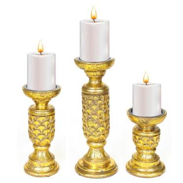 Imagem de Castiçais de madeira para casa de fazenda para velas de pilar, conjunto de 3, suporte de vela de madeira rústica, decoração de mesa de centro de mesa, 30 cm, 23 cm, 23 cm, 15 cm, design de pinheiro,