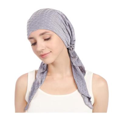 Imagem de XIAOBLESS Lenço de cabeça de quimioterapia pré-amarrado para mulheres - Bandana sem cadarço, touca de cabeça, turbante, câncer, sono, touca de cabelo, Cinza Waffle, 1