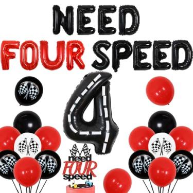 Imagem de Wonmelody Racing 4th Birthday Party Decoration Need Four Speed Birthday Decor Need Four Speed Balloon Banner Cake Topper Number 4 Foil Balloon Checkered Flag Balloon for Racing Car Birthday Decor