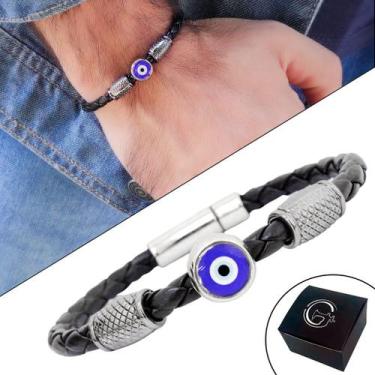 Imagem de Pulseira Bracelete de Couro Masculina Olho Grego Proteção Talismã Sort