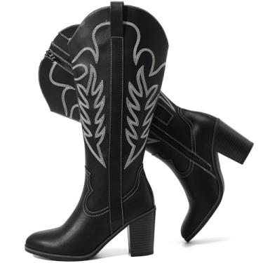 Imagem de Luoika Botas femininas extra largas na altura do joelho caubói de cano alto, largura larga, salto alto, plus size, Preto 701, 9 X-Wide