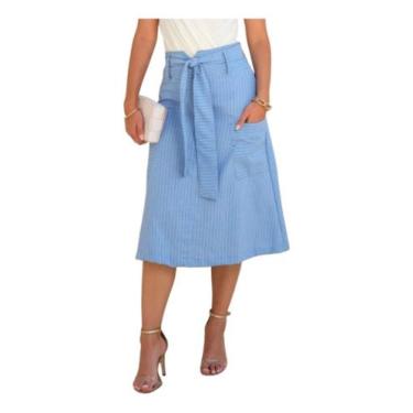 Imagem de Saia Midi Clássica Risca De Giz Em Linho Refinado - Lumia, Azul, Claro