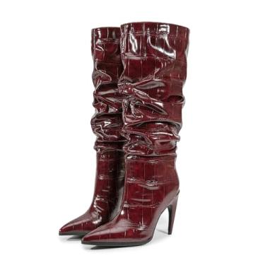 Imagem de Rock88 Botas femininas de salto agulha, bico fino, salto agulha sem cadarço, salto alto plissado de cor sólida para festa de aniversário e vestido de encontro, vinho tinto 1,36