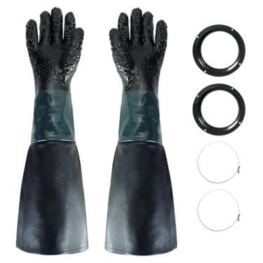 Imagem de MAOPINER Luvas de borracha para jateamento de areia de 59,9 cm | Luvas de gabinete de jato de areia resistentes com palma de partículas para jateamento abrasivo com 4 suportes de furos grampos de