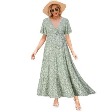 Imagem de FUNJULY Vestido feminino para gestantes, gola V, manga bufante, plissado, para chá de bebê ou uso casual, Flor verde claro, G