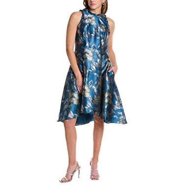 Imagem de Adrianna Papell Vestido feminino de jacquard alto baixo frente única, Azul escuro/dourado, 42