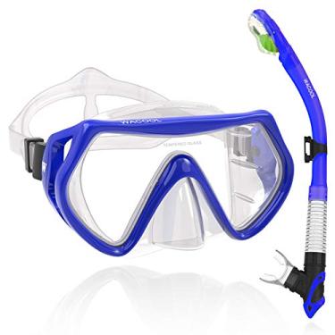 Imagem de WACOOL Conjunto de Pacote de Mergulho com Snorkel Profissional com Válvula de Purga de Vidro Antiembaçante E Bocal de Silicone Antirrespingo para Homens E Mulheres (Crianças, Azul)