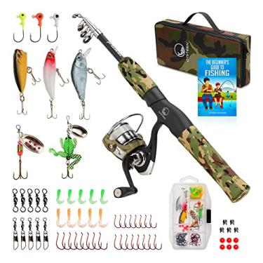 Imagem de OYSTERN Kit de vara de pesca infantil com molinete giratório - 62 peças, linha de teste de 1,8 kg - incluindo eBook guia para iniciantes - combo de vara de pesca infantil - vara telescópica portátil juvenil