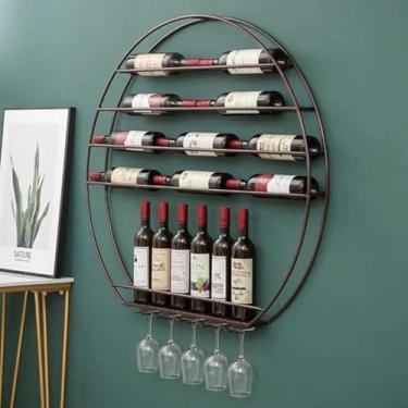 Imagem de Rack redondo para garrafa de vinho montado na parede, suporte de armazenamento de vinho para bar de cozinha com taça prateleira de decoração de metal - preto marrom dourado (cor: preto), marrom