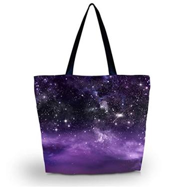 Imagem de Bolsa de praia – Bolsa de brinquedo – Grande mercado leve, bolsa de compras ecológica e de piquenique com bolsa de mão para compras ecológica reutilizável e ecológica bolsa escolar compras grande bolsa de ombro, Purple Starry Sky, L17.3" x H14" x W3.9"