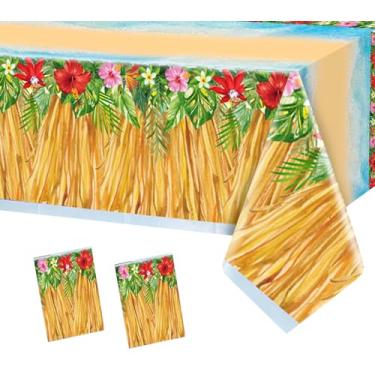 Imagem de Kailinst 2 peças toalhas de mesa de verão oceano praia 218 x 129 cm Havaí Luau Grass saia toalha de mesa tropical palmeira polinésia havaiana aloha decoração de festa decoração princesa menina bebê