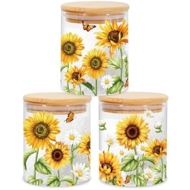 Imagem de JarThenaAMCS 3 potes de armazenamento de vidro de margarida de girassol com tampa hermética conjuntos de recipientes decorativos de doces para primavera, verão, fazenda, casa, cozinha, bancada