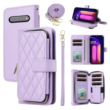 Imagem de Furiet Argyle Capa carteira para LG V60 ThinQ V60ThinQ 5G G9 Thin Q com alça de pulso, 9+ compartimentos para cartões com zíper bolsa de celular com suporte quadriculado para LGV60 V 60 60ThinQ 60V