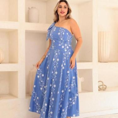 Imagem de Vestido midi tricôline estampado com laço um ombro - NoBrand, Azul beb