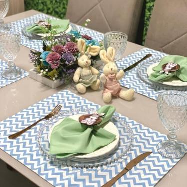 Imagem de Kit 6 Jogos Americanos com 6 Guardanapos e 6 Pg Páscoa Colorido Póa (CHEVRON AZUL - GUARDANAPO VERDE ERVA DOCE - PG COELHO CHOCOLATE)