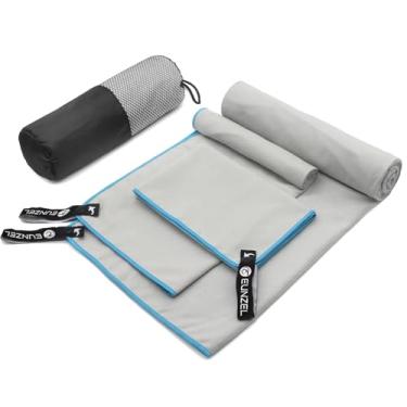 Imagem de Eunzel Toalha de acampamento de secagem rápida, conjunto de 3 toalhas de microfibra, para viagem, academia, esportes, ioga e praia, cinza escuro e branco