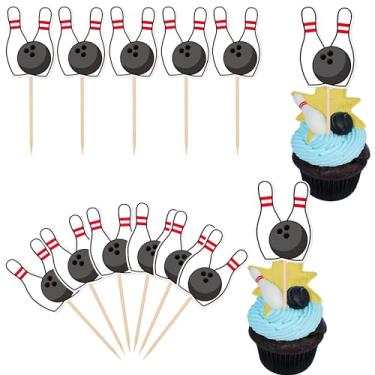 Imagem de Rsstarxi Pacote com 40 topos de cupcake de boliche esportivo boliche para festa de boliche, decorações de bolo de festa de aniversário temáticas para chá de bebê, crianças, decorações de festa de
