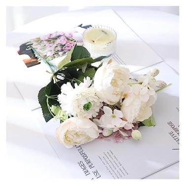 Imagem de Vaso de flores artificiais de seda branca, buquê de flores artificiais, decoração de casa, vaso de arranjos de flores de peônia falsa (D)