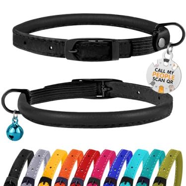 Imagem de BRONZEDOG Coleira de gato com coleira de couro enrolado Bell Kitten Etiqueta com nome QR ID (Preto Midnight)