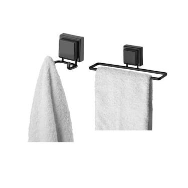 Imagem de kit lavabo banheiro preto fosco ventosa 02 peças Future gancho duplo e