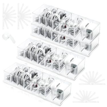 Imagem de Caixa organizadora de cabos, 4 peças, caixa organizadora de plástico, com 40 abraçadeiras de silicone, caixas de armazenamento de cabos de carregador divisórias, para escritório, mesa, armazenamento