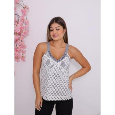 Imagem de Regata Feminina de Moletom com Tela em Renda e Decote Bordado Casual -