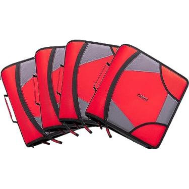 Imagem de Case-it Fichário King Size com zíper - Anéis D de 10 cm - Pasta de arquivo de 5 assuntos - Vários bolsos - Capacidade para 800 folhas - Vem com alça de ombro - Vermelho fogo D-186 (pacote com 4)