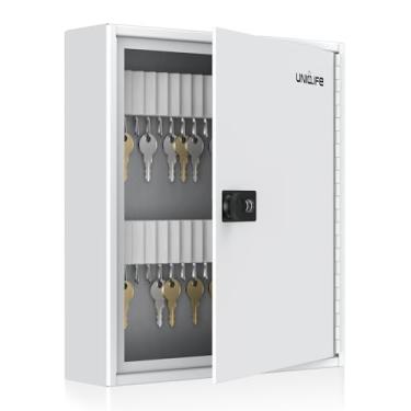 Imagem de Uniclife Armário de chave com fenda de 60 posições com fechadura combinada, caixa de armazenamento de segurança digital branca redefinível, organizador de chaves de aço com prateleiras ranhuradas,