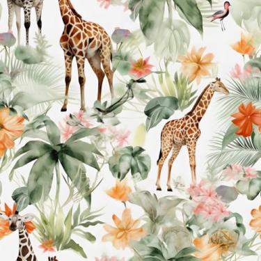 Imagem de Fvlow Papel de parede de girafas descascar e colar papel de contato com folhas vintage branco floral Boho papel de parede impermeável autoadesivo para quarto, bancada, armários de mesa, decoração 44 x