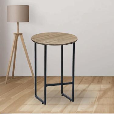 Imagem de Mesa Lateral de Canto Industrial Will Sala Escritório Ferro Preto Tampo mdf Redondo Carvalho - Ahazzo Móveis