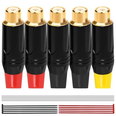 Imagem de MKBKLLJY Adaptador de plugue fêmea RCA 5 peças, fono, conector de solda banhado a ouro 24K, cabo de fio de alto-falante para conector RCA fêmea de áudio com abraçadeiras de cabo de solda, para
