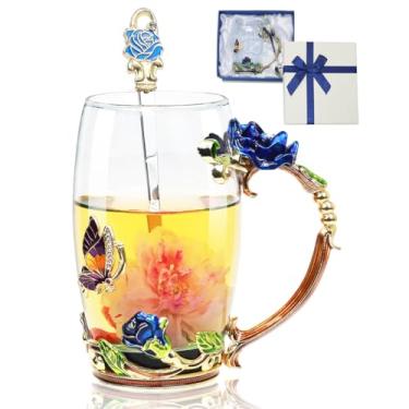 Imagem de Xícara de chá de flor, caneca de café de vidro transparente borboleta rosa com colher, caixa de presente para sua mãe, esposa, avó, meninas, amigas, dia dos namorados, Natal, aniversário, ideia de