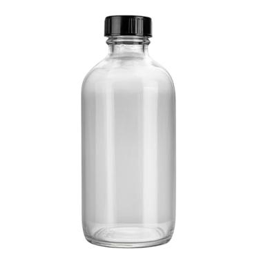 Imagem de Restaurantware Vetri Garrafas de vidro Boston de 227 g, 12 unidades laváveis na louça, redondas, garrafas de vidro transparente com tampas fenólicas pretas para suco, uísque, líquidos para