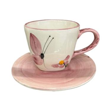 Imagem de Xicara Para Cha Com pires em Ceramica Rosa Borboletas