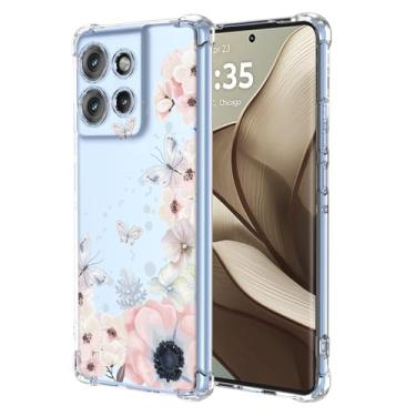 Imagem de RRXSYXL Capa para Moto Edge 50 com estampa floral transparente, capa macia à prova de choque para Motorola Edge 50, borboletas de flores rosa