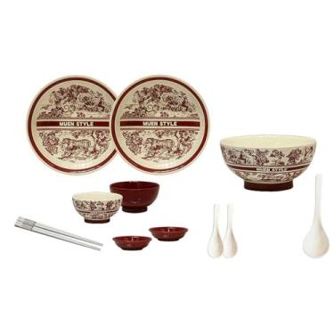 Imagem de Conjunto de tigela e prato retrô, tigela de sopa de cerâmica doméstica e combinação de prato - conjunto de comida para 2 pessoas