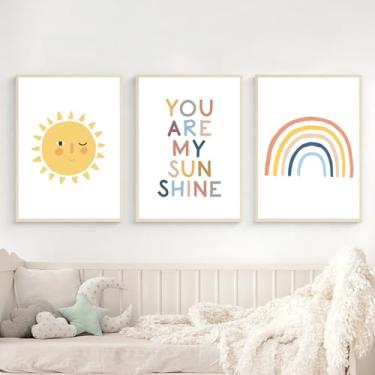 Imagem de QBZWART Pôsteres de arco-íris do sol You Are My Sunshine Nursery Wall Art Impressão em tela pintura em tela imagem de desenho animado nórdico decoração de quarto de bebê infantil sem moldura (40 x 50
