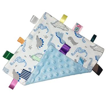 Imagem de Cobertor de segurança de dinossauro Lovey para bebê macio brinquedo sensorial conforto toalha de conforto etiquetas coloridas cobertor com tecido de bolinhas pequeno cobertor marcado sem papel enrugado - azul claro